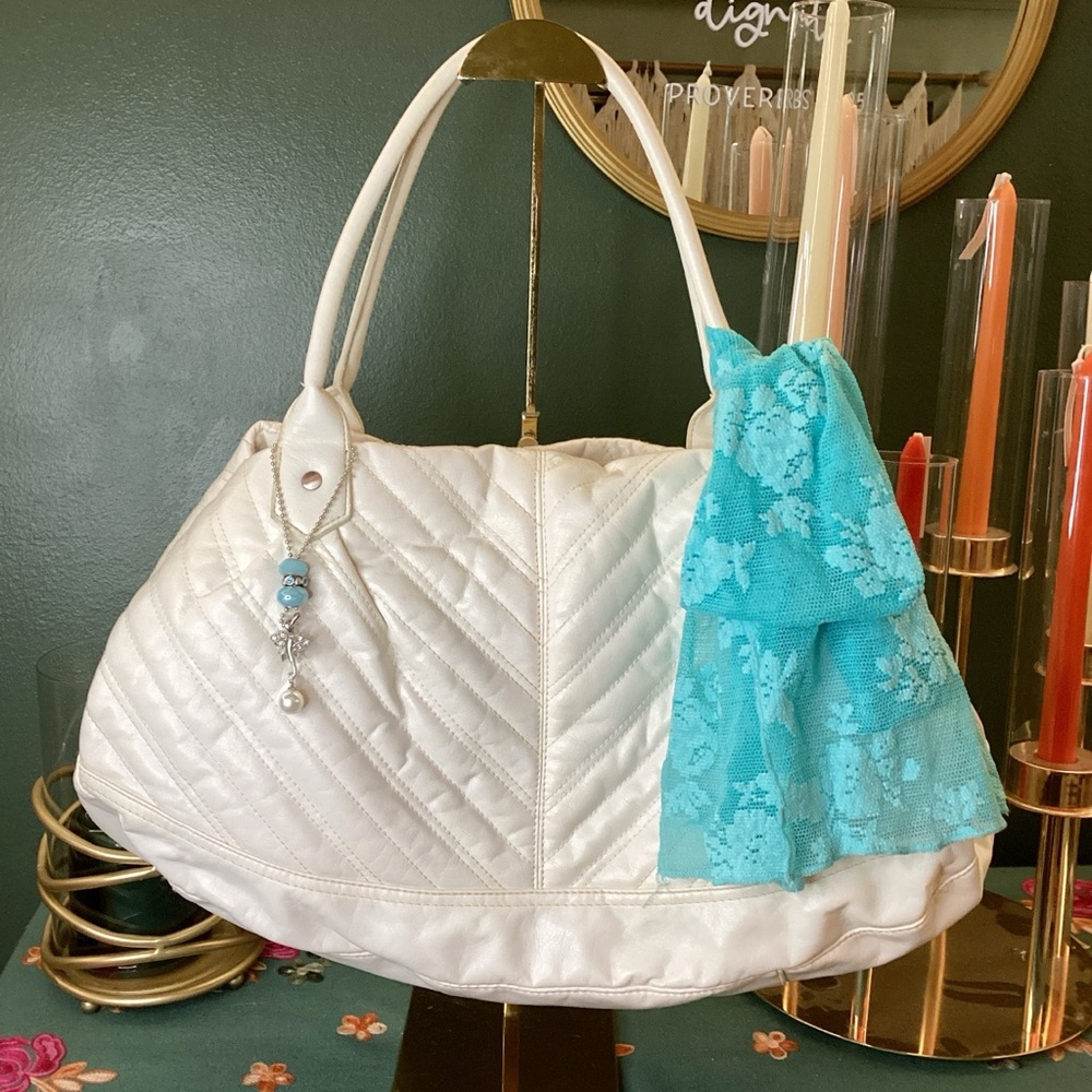 mark. White Quilted Shoulder Bag with Turquoise Accent